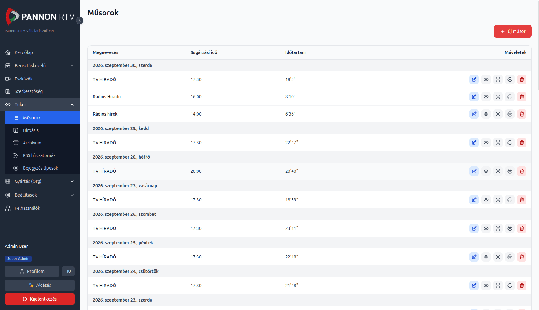 Pannon RTV internal tool, broadcast list view