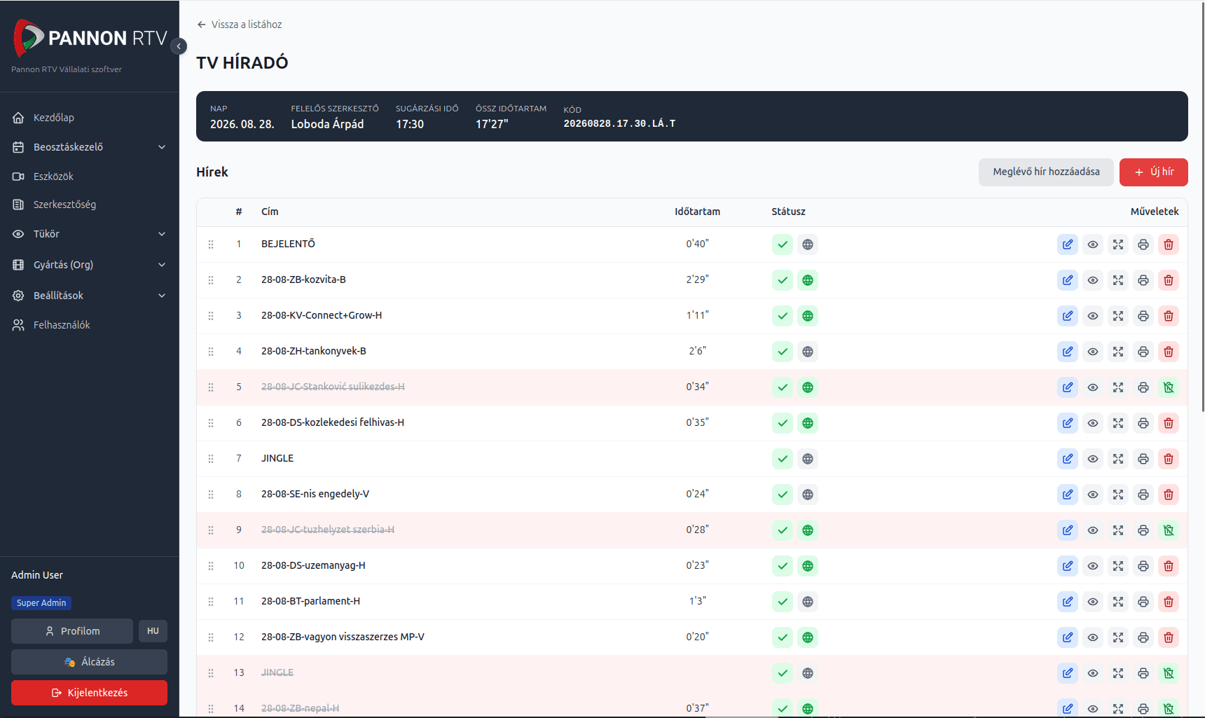 Pannon RTV internal tool, news item detail list