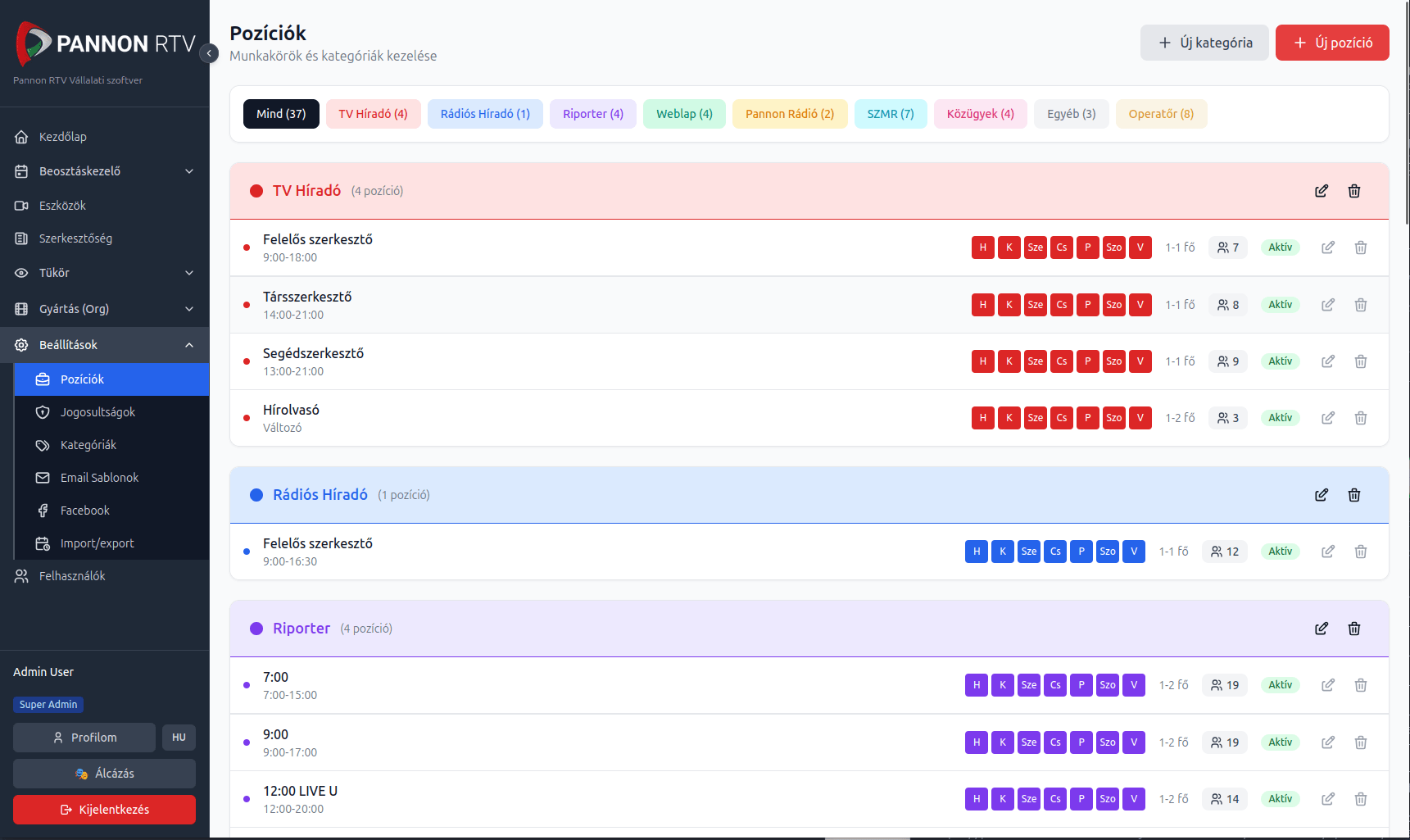 Pannon RTV internal tool, positions and roles management