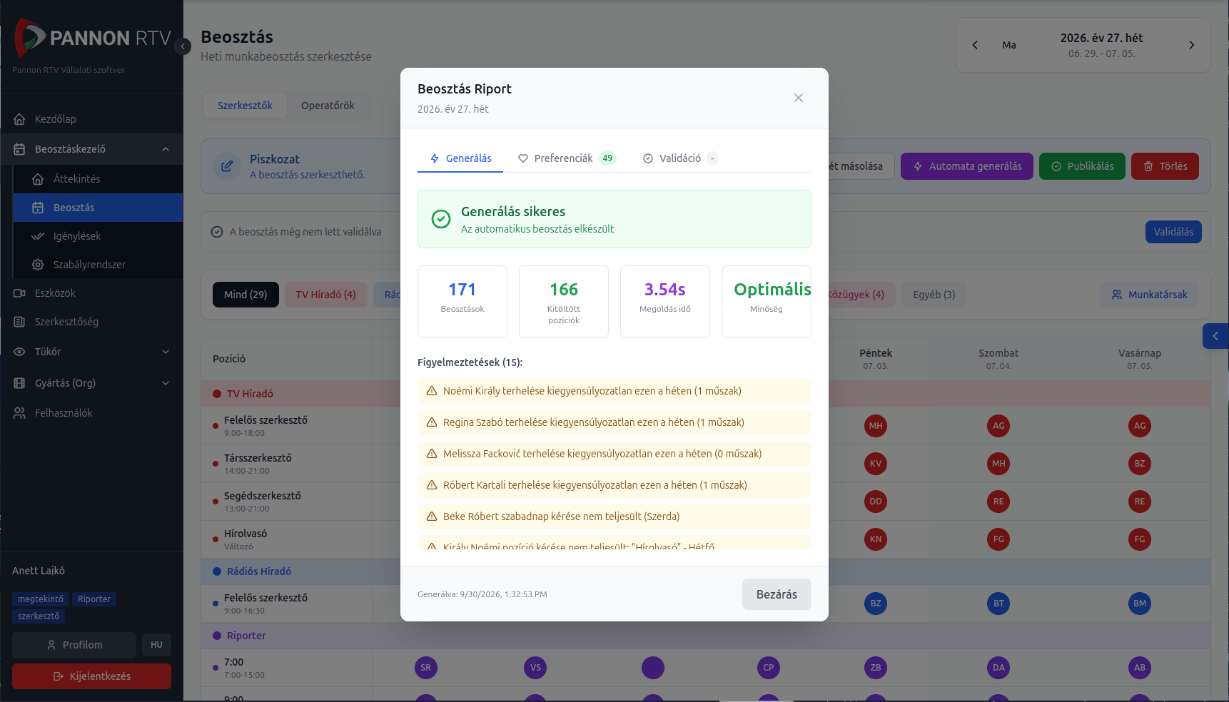 Pannon RTV internal tool, AI-generated schedule report