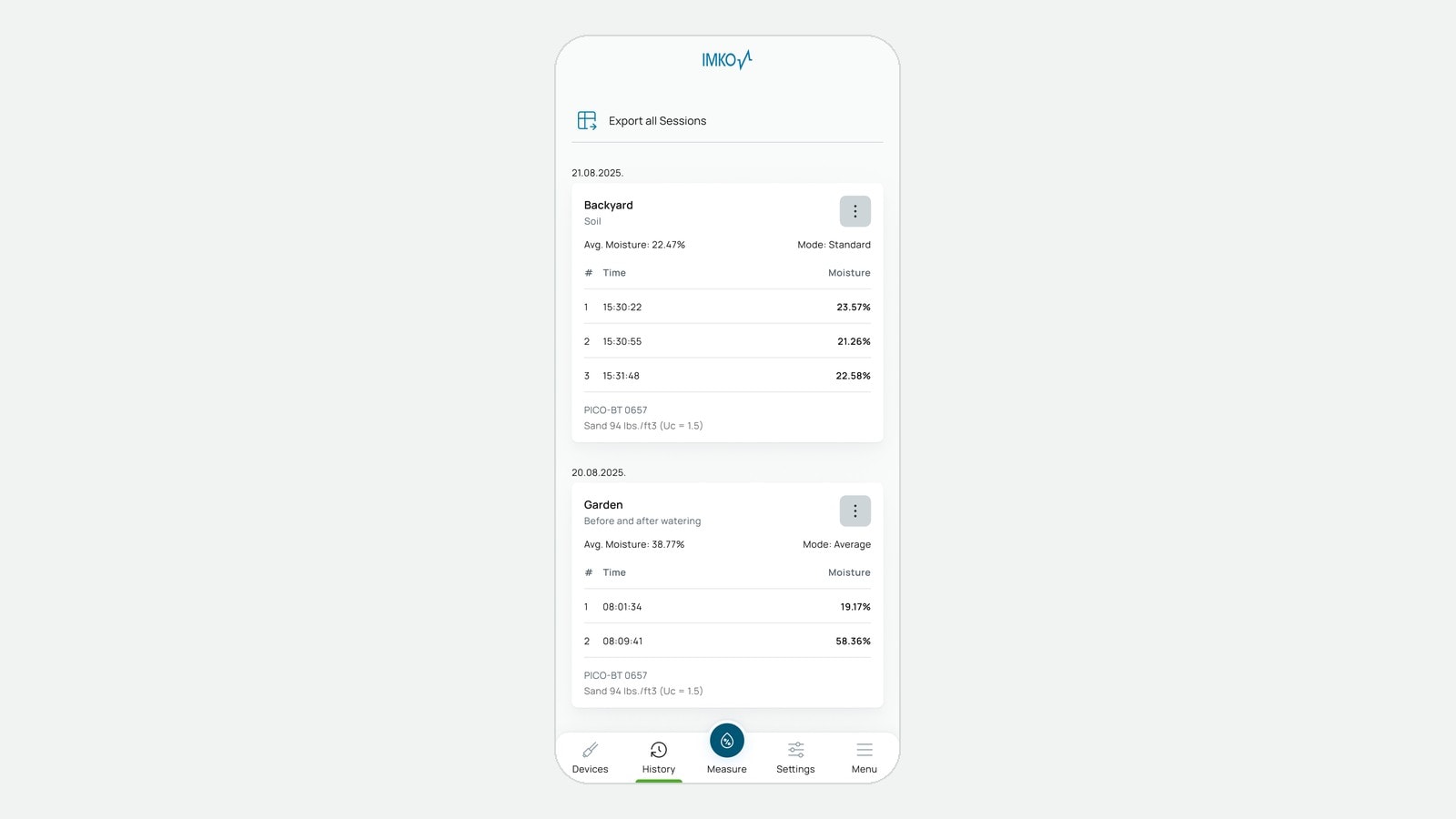 IMKO Connect history screen with measurements sorted by site and an export option